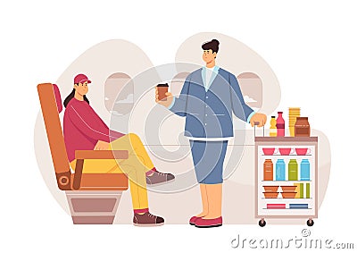 Hospitality service in airplane, stewardess holding coffee, serving drink to passenger Cartoon Illustration