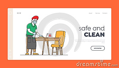 Hospitality Service at Coronavirus Pandemic Landing Page Template. Waiter Character Wear Protective Face Mask and Gloves Vector Illustration
