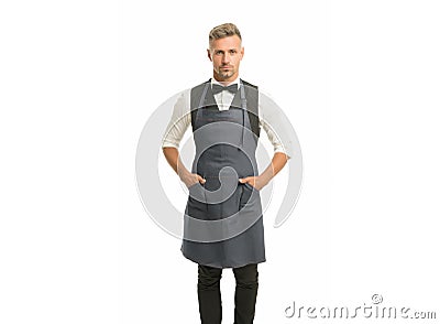 Hospitality staff. Barista handsome worker. Man cook wear apron. Mature barista. Restaurant staff. Hipster professional Stock Photo