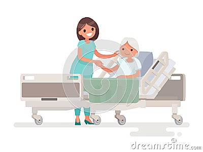 Hospitalization of the patient. A nurse taking care of a sick elderly woman lying in a medical bed Cartoon Illustration