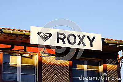 Roxy logo sign of surf brand text shop for girls women of Quiksilver group Editorial Stock Photo