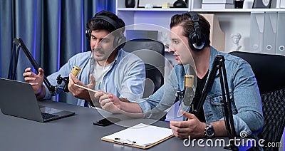 Host channel of smart influence broadcaster talking with guest. Sellable. Stock Photo