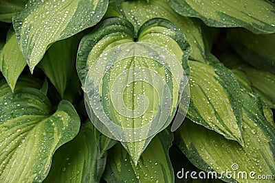 Hosta plant leaf with raindrops Stock Photo