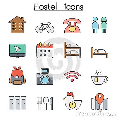 Hostel color line icon set Vector Illustration