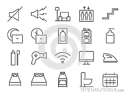 Hostel facilities icon set 2. Included the icons as bathroom, bed types, sleep, nap, lift, lobby, hotel, services and more Vector Illustration