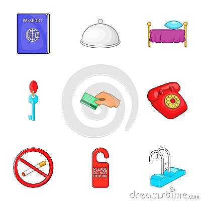 Hostel icons set, cartoon style Vector Illustration