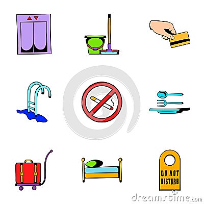 Hostel icons set, cartoon style Vector Illustration