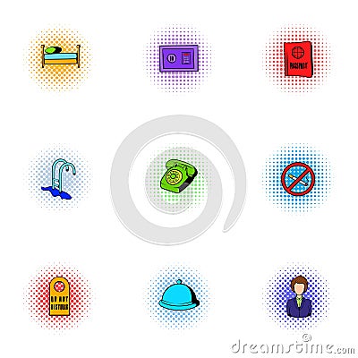 Hostel icons set, pop-art style Vector Illustration