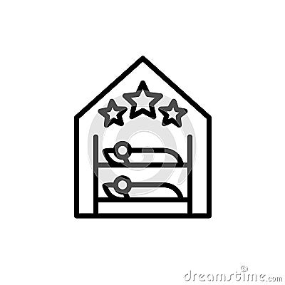 Hostel room logo with two beds and three stars above. House for the rest line icon. Vector Illustration