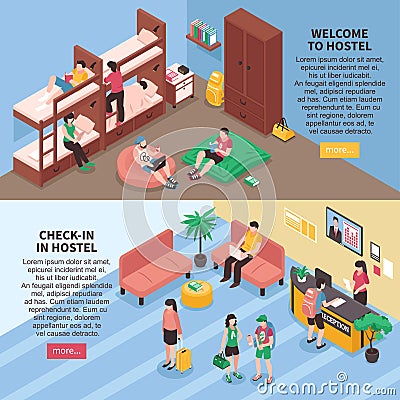 Hostel Rooms Isometric Banners Vector Illustration