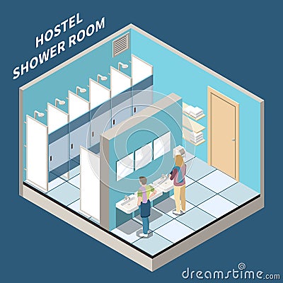 Hostel Shower Room Isometric Background Vector Illustration