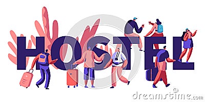 Hostel for Tourist Banner. Arrival of Character for Visit City. Lower Price, Cheap Place for Living or Night. Alternative Home Vector Illustration