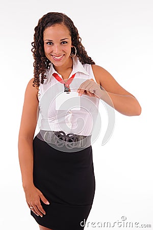 Hostess showing her badge Stock Photo