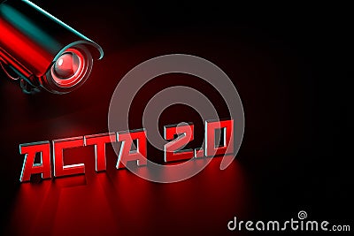 Hostile CCTV is keeping eye on ACTA 2.0 sign. United Europe Parlament regulation that can change internet we know concept. 3D Stock Photo