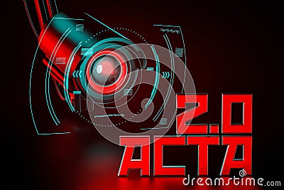 Hostile CCTV is keeping eye on ACTA 2.0 sign. United Europe Parlament regulation that can change internet we know concept. 3D Stock Photo