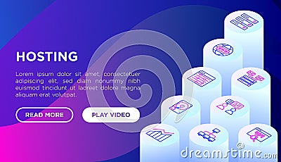 Hosting concept with thin line isometric icons: VPS, customer support, domain name,, control panel, secure server, local network. Vector Illustration