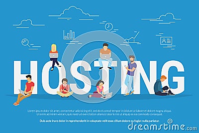 Hosting concept vector illustration of young people using laptops for internet and working in web Vector Illustration
