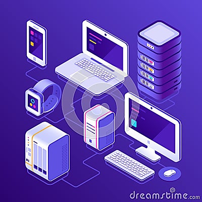 Hosting data server, pc, laptop computer, smart watch, NAS, smartphone or mobile phone. Devices for business isometric Vector Illustration