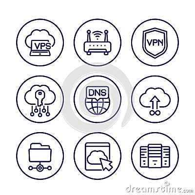 hosting, dns and vpn line icons set on white Vector Illustration