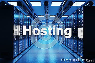 Hosting logo in large modern data center with multiple rows of network internet server racks, 3D Illustration Stock Photo