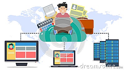 Hosting, online cloud with user and computers Stock Photo