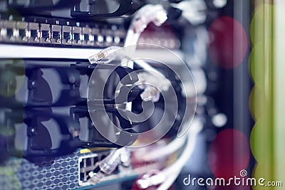 Hosting platform for modern Internet resources. Rack with server data storage equipment. Stock Photo