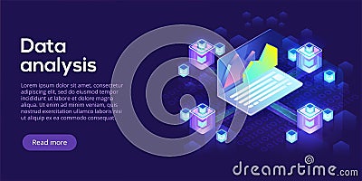 Hosting server isometric vector illustration. Abstract 3d datacenter or data center room background. Network mainframe Vector Illustration