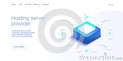 Hosting server isometric vector illustration. Abstract 3d datacenter or data center room background. Network mainframe Vector Illustration