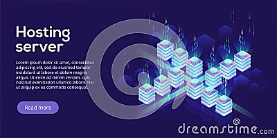 Hosting server isometric vector illustration. Abstract 3d datacenter or data center room background. Network mainframe Vector Illustration