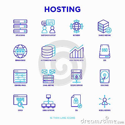 Hosting thin line icons set: VPS, customer support, domain name, automated backup, SSD, control panel, secure server, local Vector Illustration