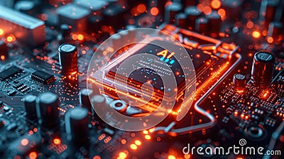 Hot AI processor on computer circuit board, main chip of artificial intelligence machine. Concept of microchip, technology, cpu, Stock Photo
