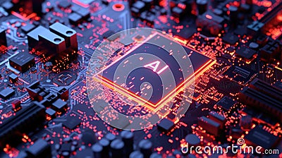 Hot AI processor on computer circuit board, main chip of artificial intelligence machine. Concept of technology, energy, light, Stock Photo