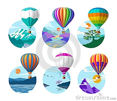 Hot air balloon. Aerial travel. Adventure journey. Scenic nature landscape. Wild mountains. River water. Ballooning Vector Illustration