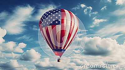 A hot air balloon, an airship flies in the clouds of the sky in the color of the flag of the United States of America. Stock Photo