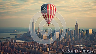 A hot air balloon, an airship flies over a big city in the colors of the flag of the United States of America. Stock Photo