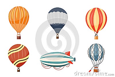 Hot air balloon and airship vector icons set. Summer ballooning adventure cartoon hotair travel. Vector Illustration