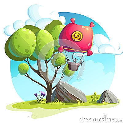 Hot air balloon on background of trees and rocks Vector Illustration