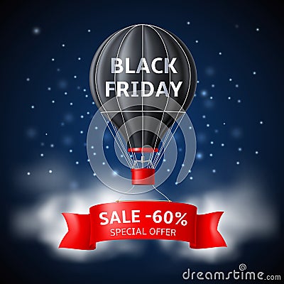 Hot air balloon black friday. Black retro airship with advertising sale and discount text, red tape banner, night sky Vector Illustration