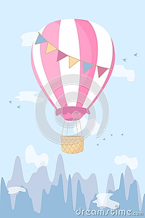 Hot Air Balloon, clouds and mountains. pink and blue colors, children room decoration, poster Vector Illustration