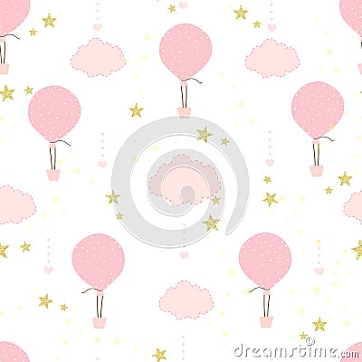 Hot air balloon, clouds and shining star seamless background pattern Vector Illustration