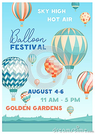 Hot air balloon festival vector poster template. Summer event promotion decorated with flying balloons in sky on Vector Illustration