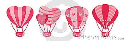 Hot air balloon flat set heart shaped circle pink Vector Illustration