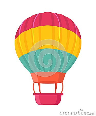 Hot air balloon flat vector illustration. Old fashioned aircraft with basket and sand bags. Vintage flying Vector Illustration