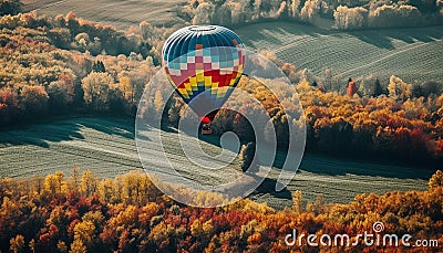 Hot air balloon flies over vibrant mountain range in autumn generated by AI Stock Photo