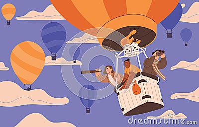 Hot air balloon flight. Happy people soaring, flying in basket in sky among clouds. Tourists with telescope floating Vector Illustration