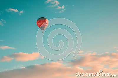 A hot air balloon floats gracefully through the sky against a backdrop of vibrant blue, A plainly colored sky with a single hot Stock Photo
