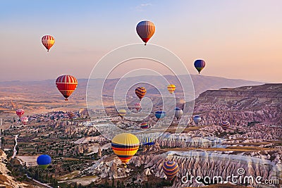 Hot air balloon flying over Cappadocia Turkey Stock Photo