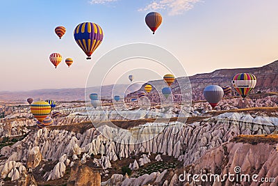 Hot air balloon flying over Cappadocia Turkey Stock Photo