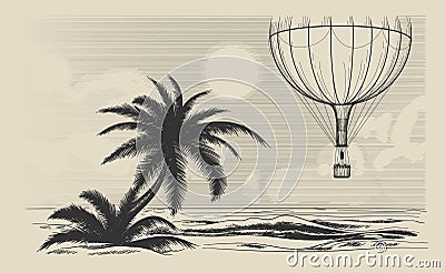 Hot air balloon flying over seashore Vector Illustration