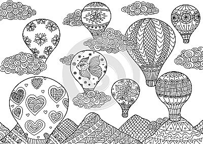 Hot air balloon flying, zentangle stylized for coloring book for anti stress for both adult and children - stock Vector Illustration